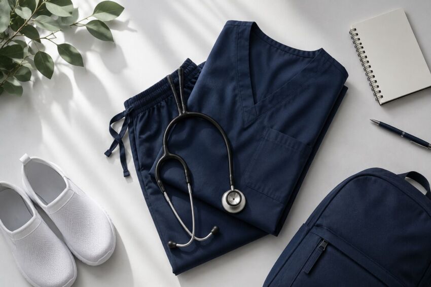 Kit complet student medicină – uniformă, stetoscop și accesorii